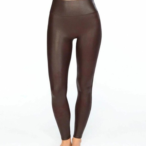 Spanx Women's Stretch Brown Faux Leather Leggings Tummy Control Slimming - Picture 2 of 11